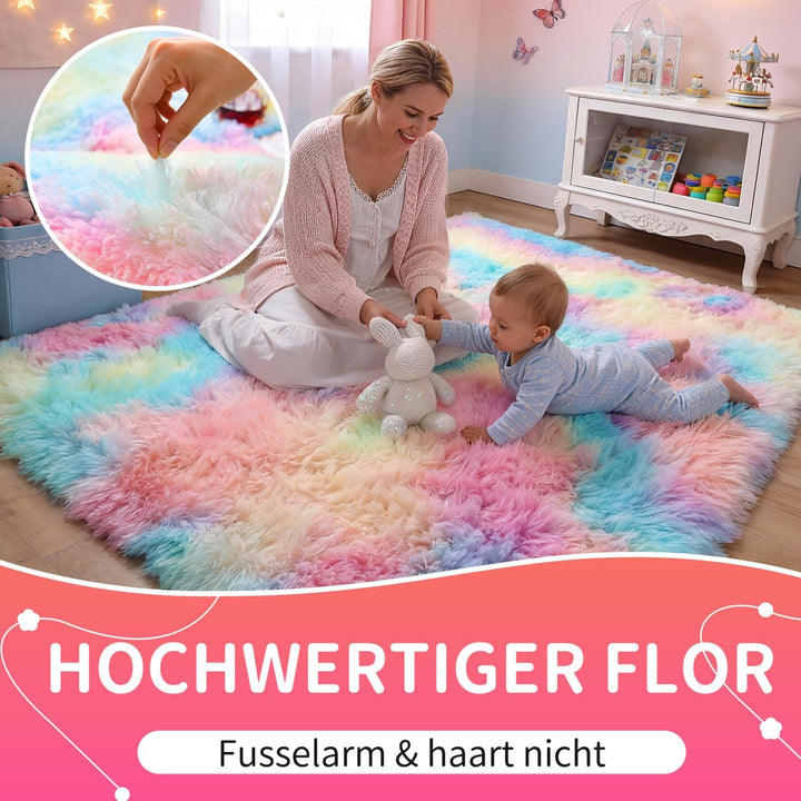VOFUSHON Wohnzimmer Hochflor Teppich,Shaggy Flur Läufer Teppich Modern Flauschiger Weich Bunte Batik