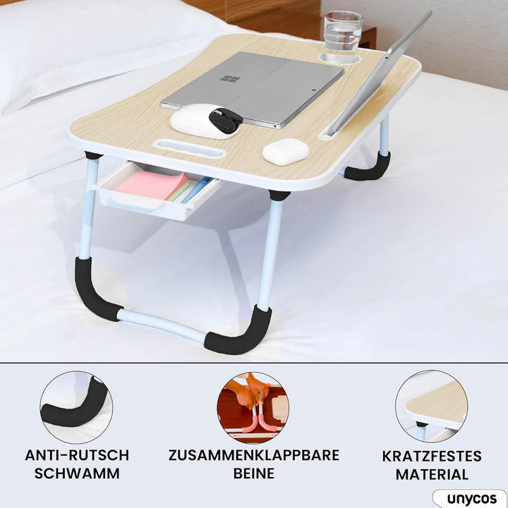 unycos - Betttablett Klappbar, Frühstückstablett mit Griff und Getränkehalter, Serviertisch, Ideal f