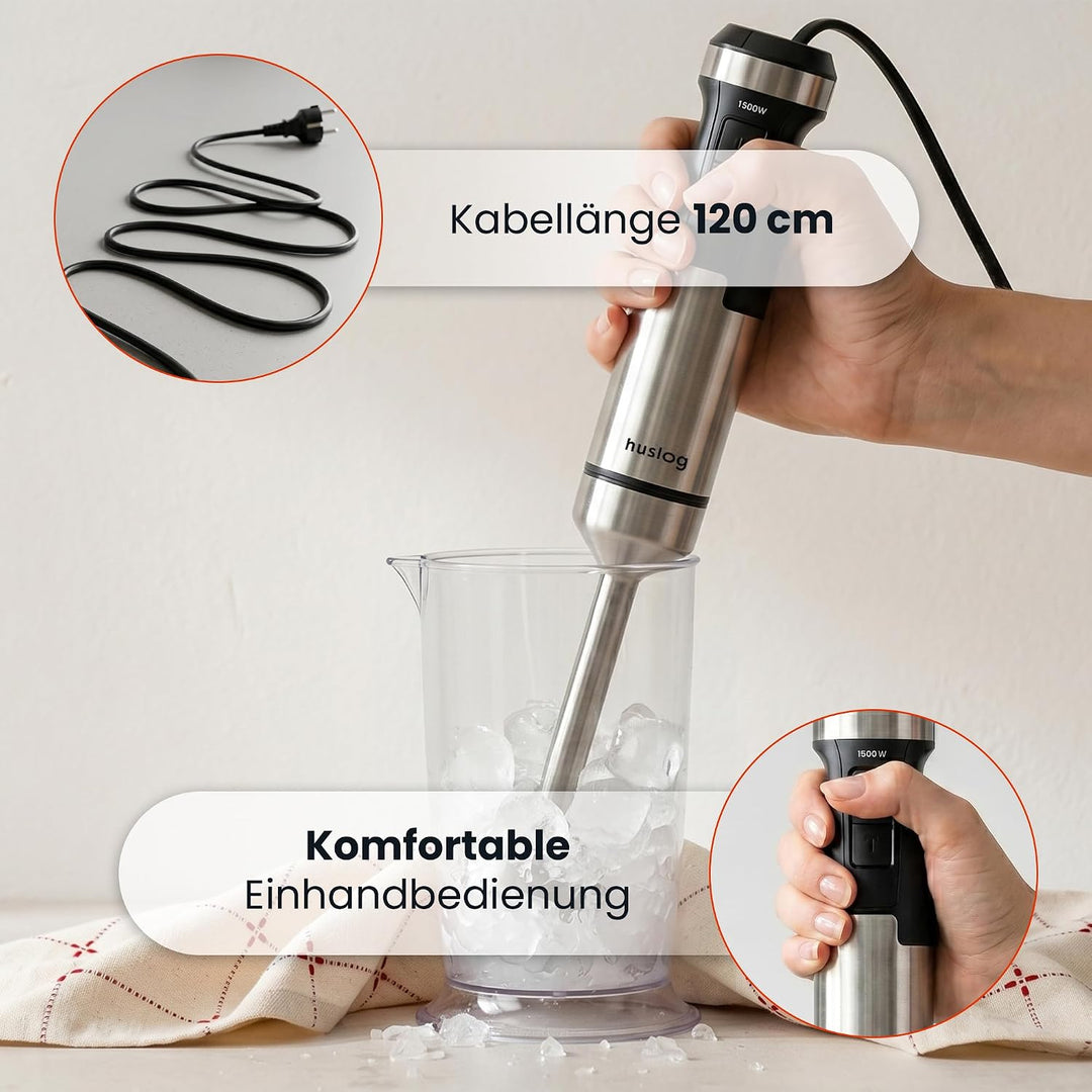 BlendFlex Stabmixer 1500W – Edelstahl Handmixer mit 20 Geschwindigkeiten & Turbo-Funktion, inkl. 600