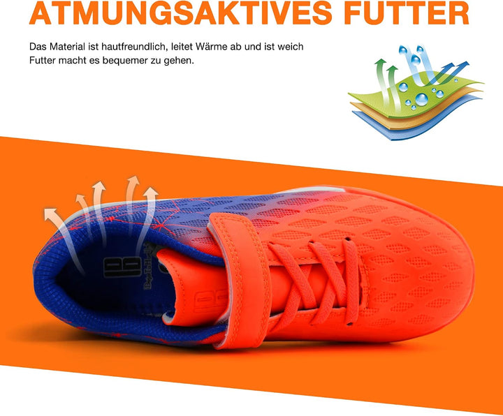 JABASIC Hallen Fussballschuhe Kinder Jungen Mädchen Fussballschuhe Kinder Kunstrasen, Orange Blau