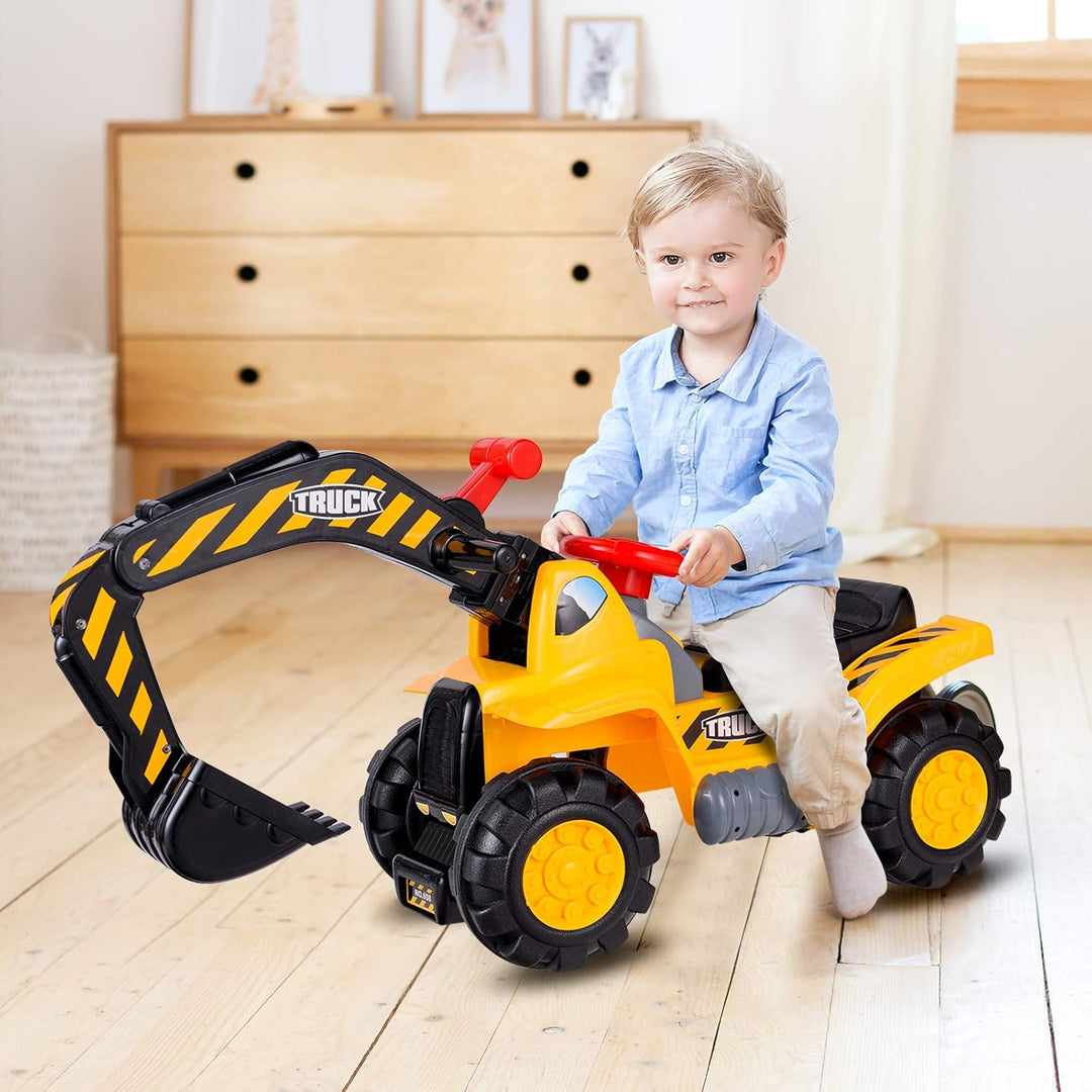 LIFEZEAL Sitzbagger für Sandspiel, Kinderbagger Rutscherfahrzeug mit Eingebautem Stauraum, Baustelle