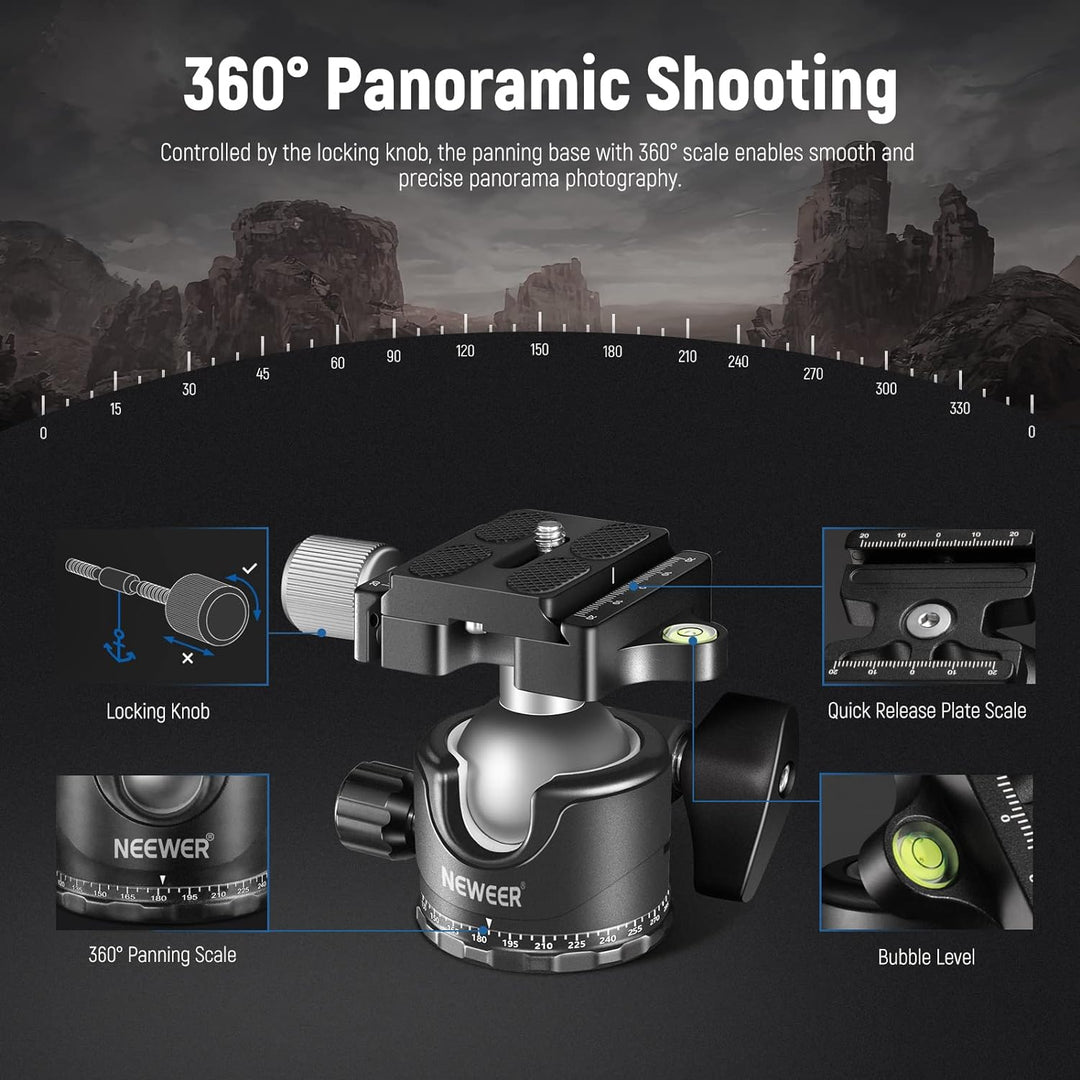 NEEWER Low Profile Kugelkopf für Kamerastativ,36mm Metall Panorama Stativkopf mit Niedrigem Schwerpu