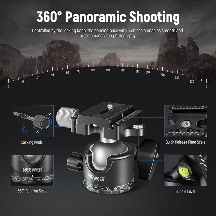 NEEWER Low Profile Kugelkopf für Kamerastativ,36mm Metall Panorama Stativkopf mit Niedrigem Schwerpu