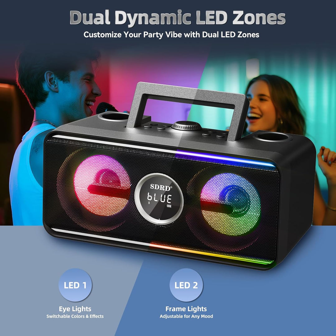 SDRD SD-216 Karaoke-Maschine – 2 kabellose Mikrofone, 80W kraftvoller Sound, Bluetooth & LED-Lichter