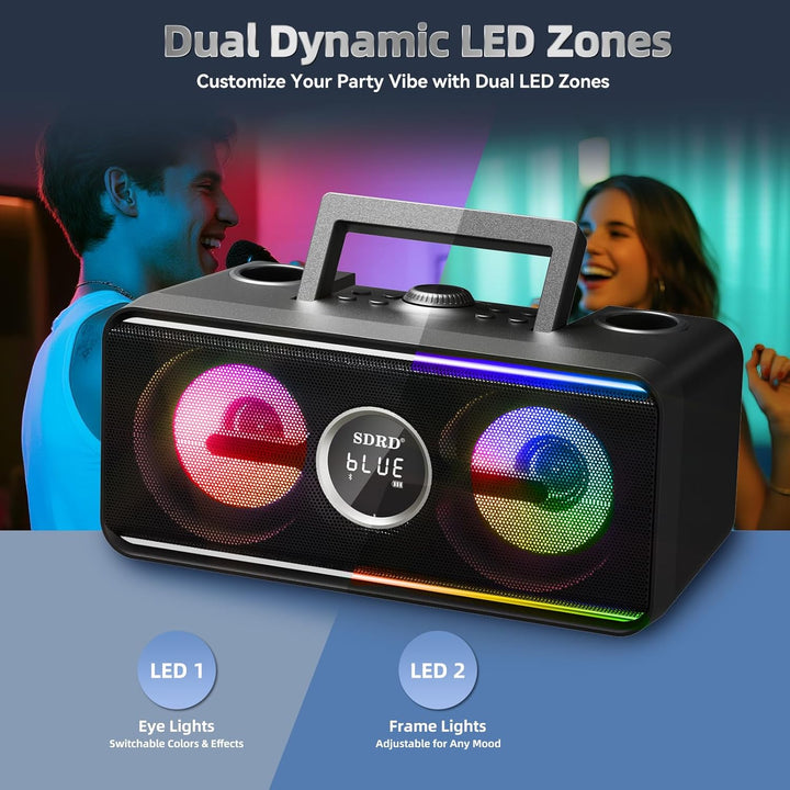 SDRD SD-216 Karaoke-Maschine – 2 kabellose Mikrofone, 80W kraftvoller Sound, Bluetooth & LED-Lichter