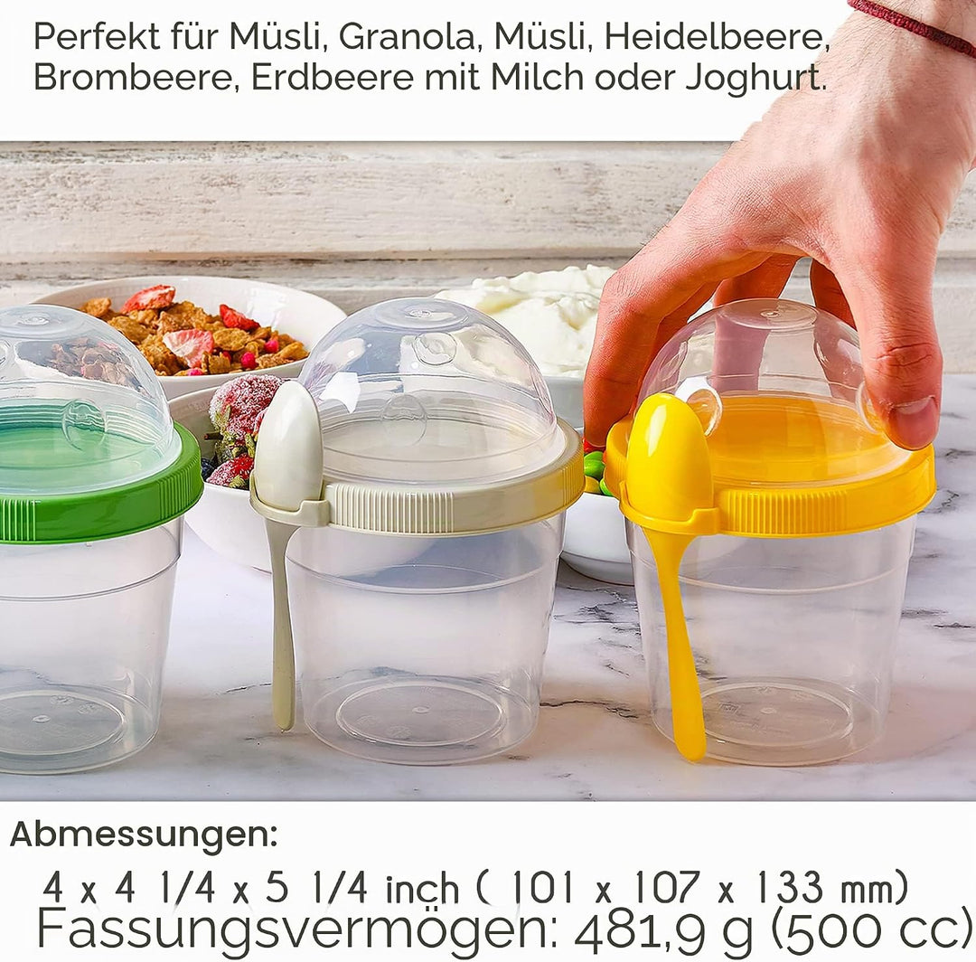 CRYSTALIA Joghurt Becher to Go mit Deckel Set 4 500ml 100% BPA FREI Müslibecher to Go, Porridge To G