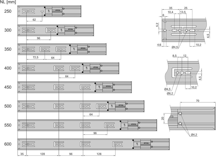 Junker 1 Ve (15 Paar) Vollauszüge KV1-45-H45-L400-SC 400 mm 45 Kg Tragkraft Teleskopschiene mit Soft