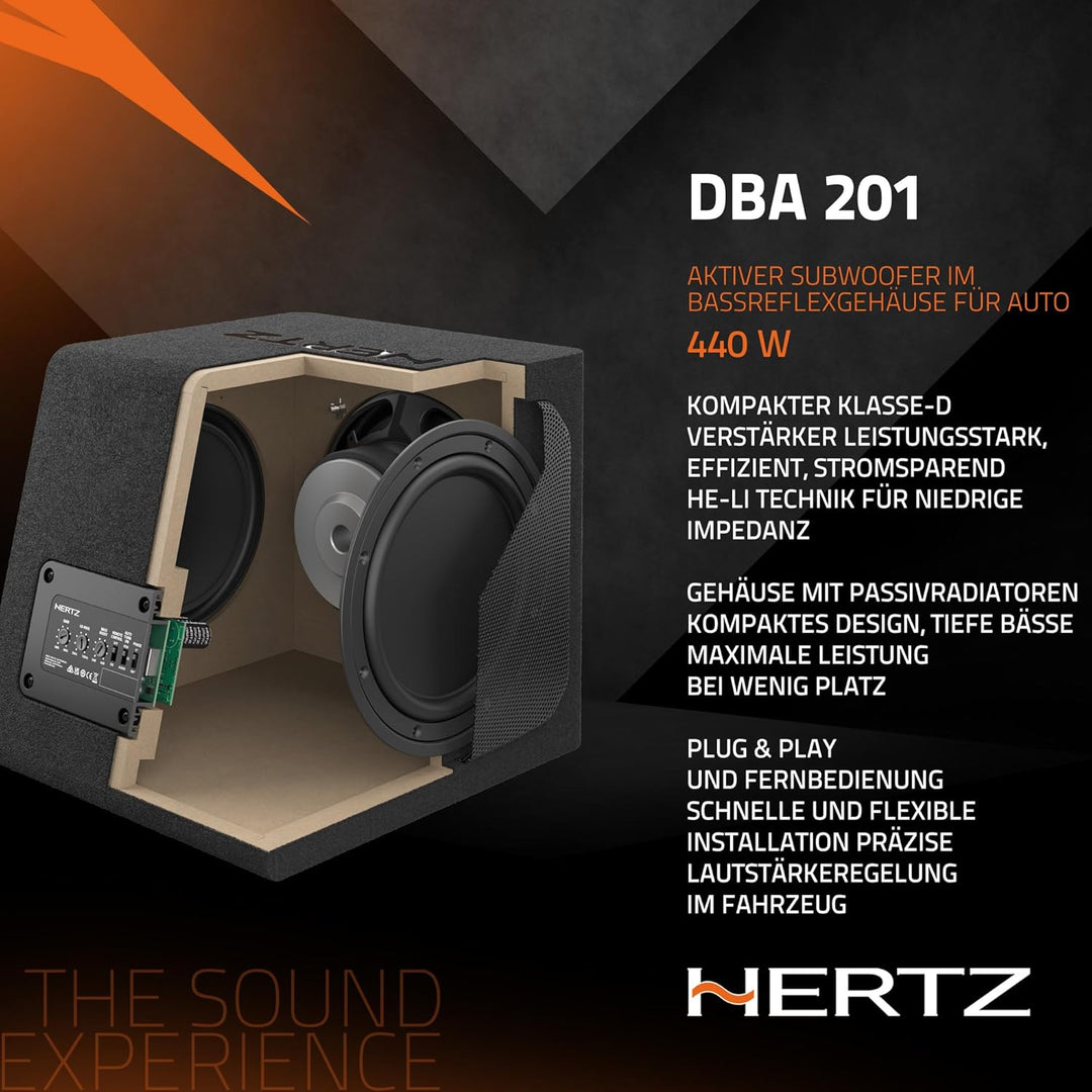 Hertz DBA 201 – 200-mm Aktiv-Subwoofer in Bassreflex-Gehäuse, 440W Peak, Class-AB-Verstärker mit LP-