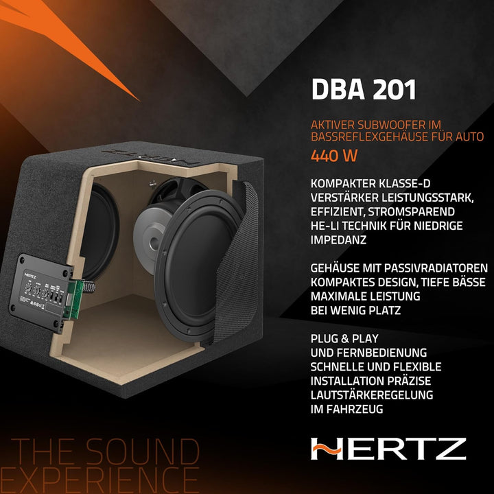 Hertz DBA 201 – 200-mm Aktiv-Subwoofer in Bassreflex-Gehäuse, 440W Peak, Class-AB-Verstärker mit LP-