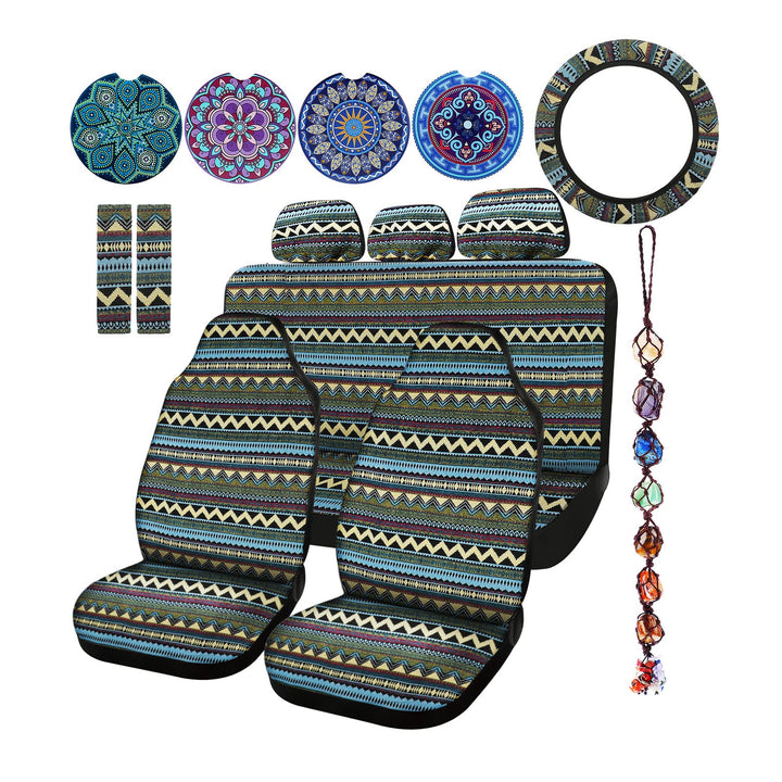 Frienda Baja Autositzbezüge, komplettes Set, Mehrfarbig, gestreift, Boho-Druck, Lenkradbezug, Sicher