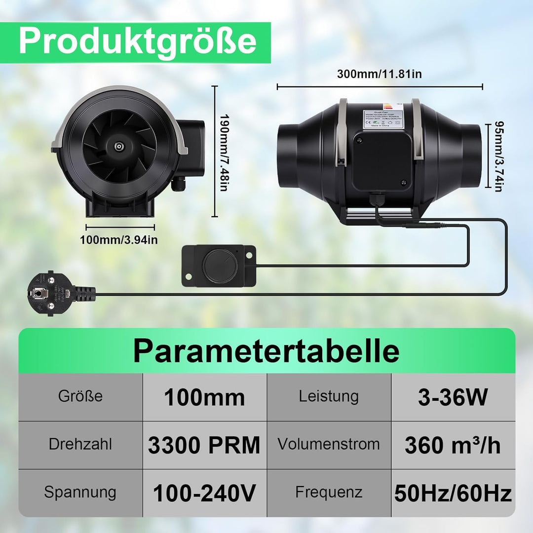 Rohrventilator 100mm Regelbar 360m³/h Rauchabzug Inline Abluftventilator mit EC Motor Rohrlüfter 100