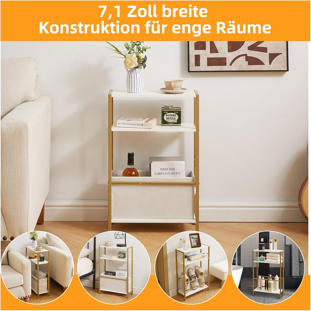 Schmaler Beistelltisch, 3-stufiger Schmaler Beistelltisch mit Stoffkorb, Moderner Sofatisch für Schm