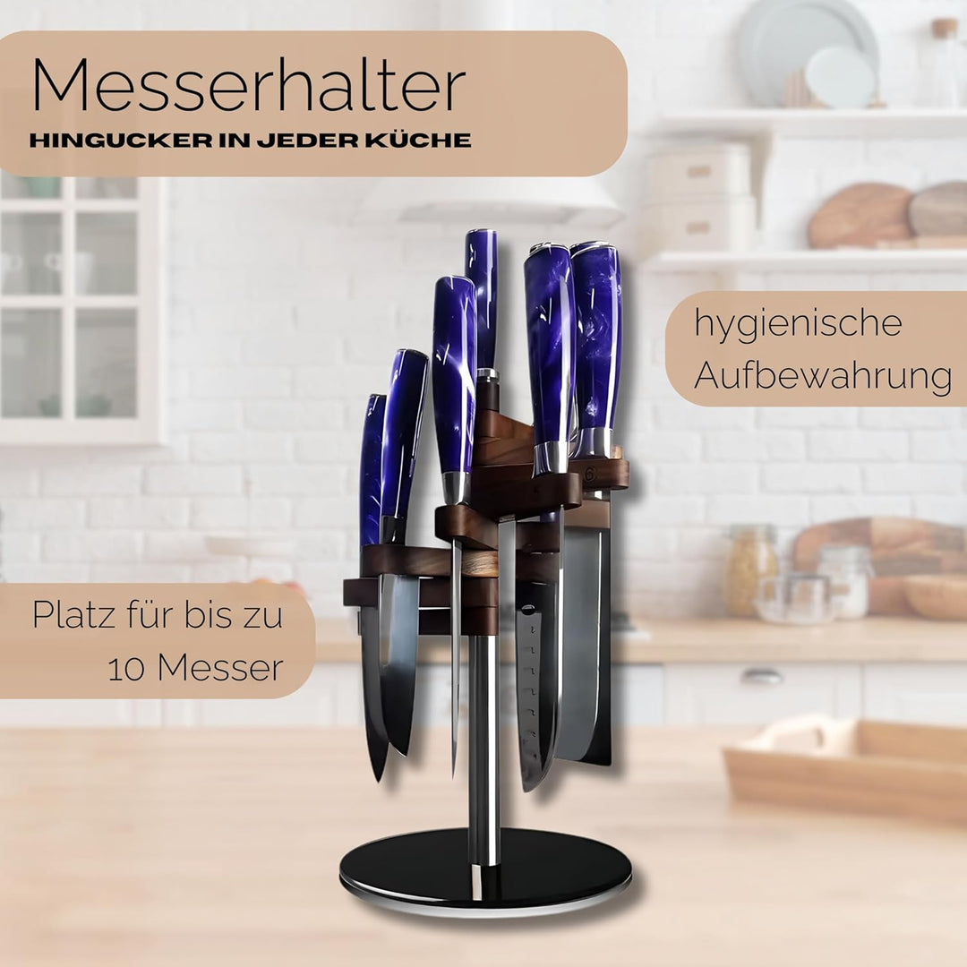 Ktchnhlprz hochwertiger Messerhalter aus Walnussholz, Edelstahl und Glas, unbestückt, hygienisch und