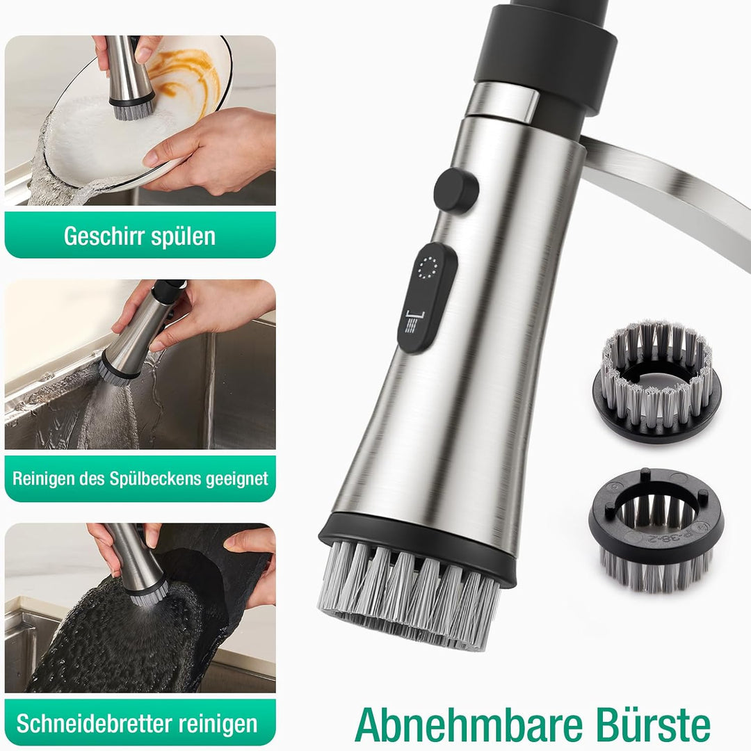 CREA Wasserhahn Küche mit 2 Funktionen Brause, Küchenarmatur mit Ausziehbarer Brause, 360° Drehbare