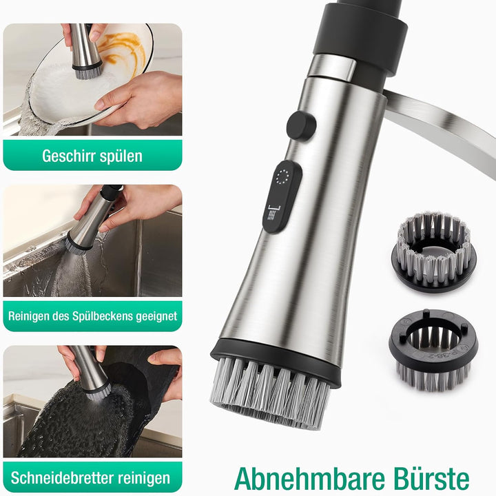 CREA Wasserhahn Küche mit 2 Funktionen Brause, Küchenarmatur mit Ausziehbarer Brause, 360° Drehbare