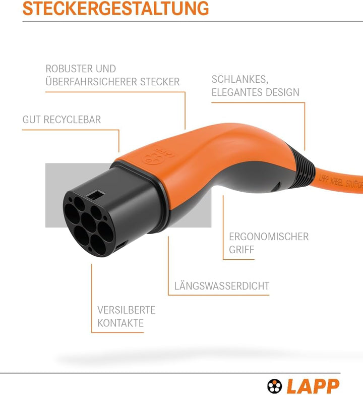 Lapp Mobility Typ 2 Ladekabel 11 KW/Glatt / 20 A / 3-Phasig/E-Auto Ladekabel/Mode 3 / 7m 7 Meter Ora