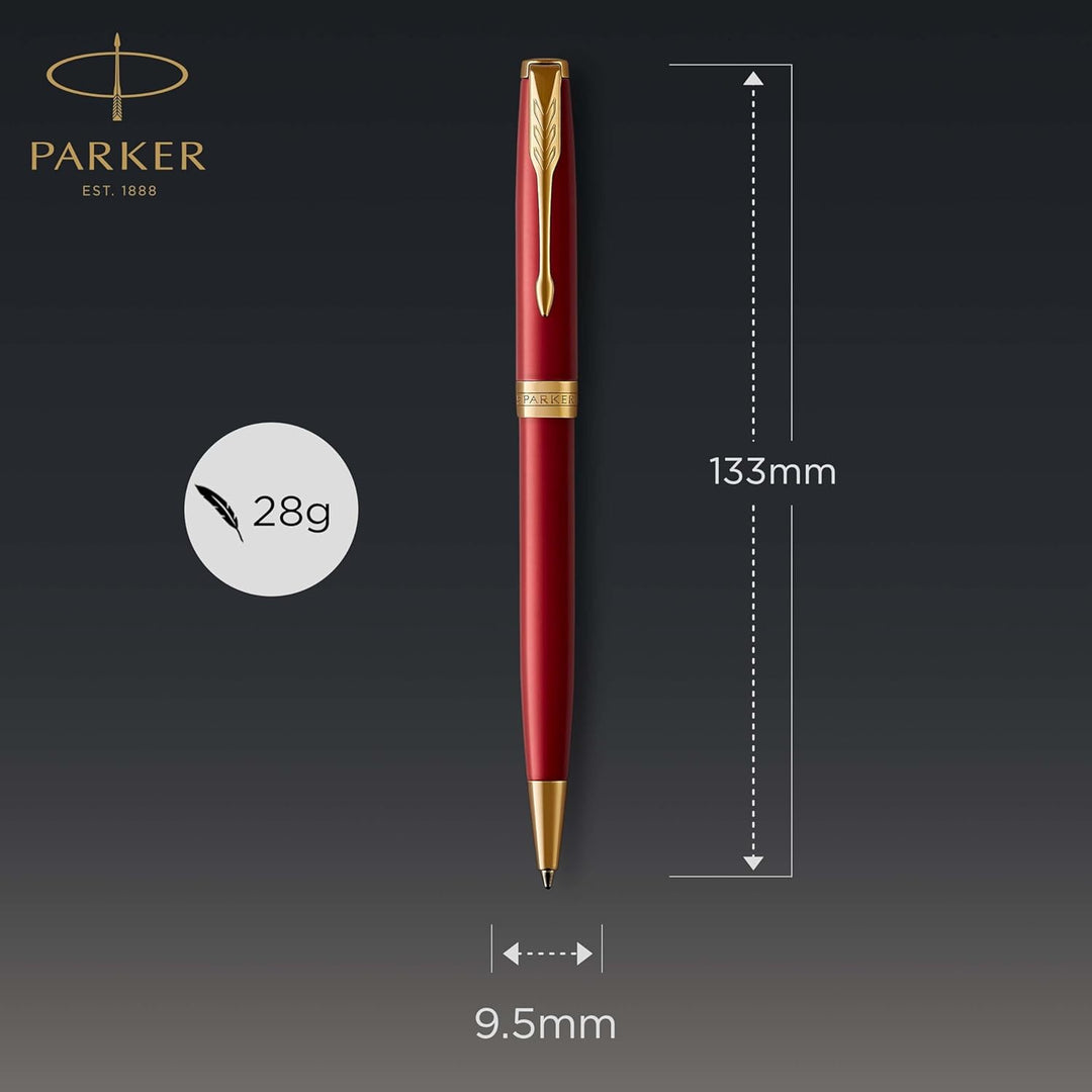 Parker Sonnet Kugelschreiber | Rote Lackierung mit Goldzierteilen | Mittlere Spitze | schwarze Tinte