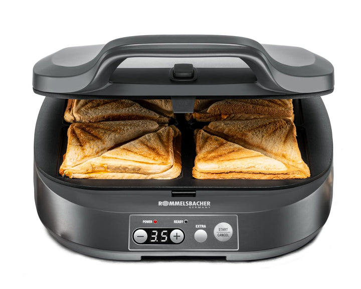 ROMMELSBACHER Sandwich Maker ST 1800 - 4 XL-Sandwiches, Antihaftbeschichtung, 15 Minuten Zeitschaltu