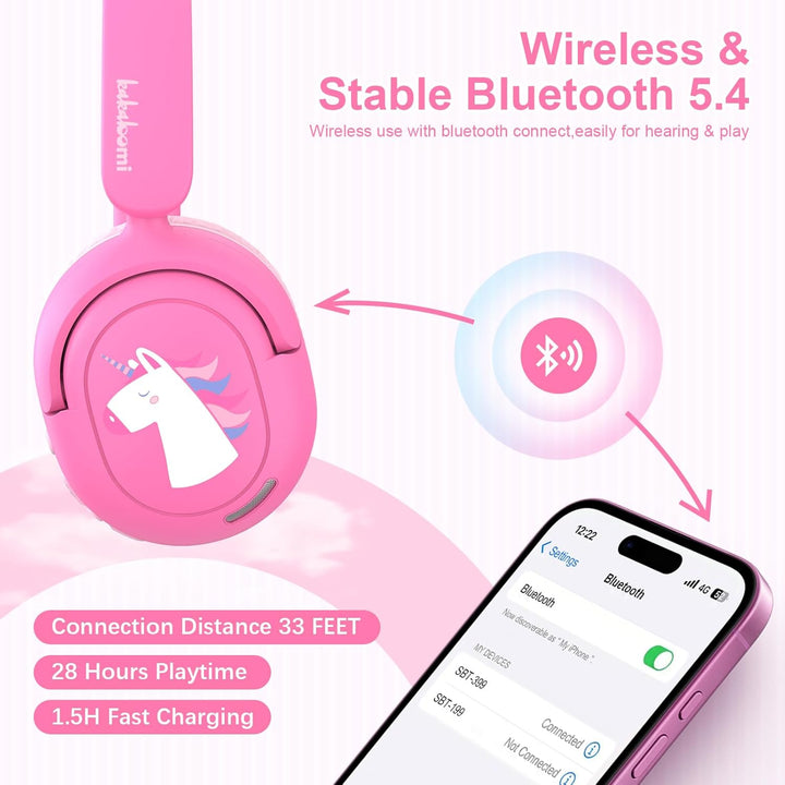 Bluetooth Kopfhörer Kinder, Kabellose KinderKopfhörer mit Mikrofon, 40H Wiedergabe, 74/85/94dB Einst