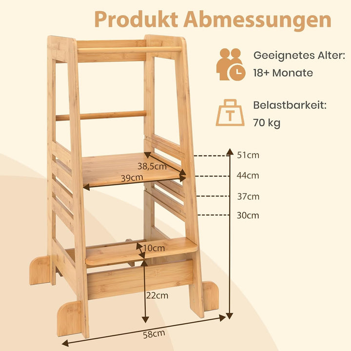 DREAMADE Lernturm für Kleinkinder, Lernstuhl aus Bambus mit 4-stufig höhenverstellbar, Tritthocker m