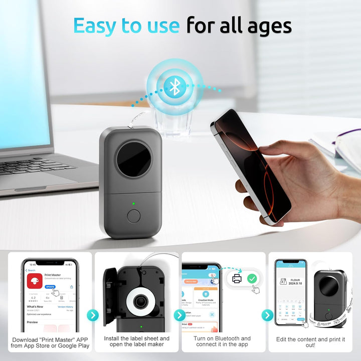 Phomemo D30 Bluetooth Etikettendrucker - Etikettiergerät Mini Beschriftungsgerät Selbstklebend Label