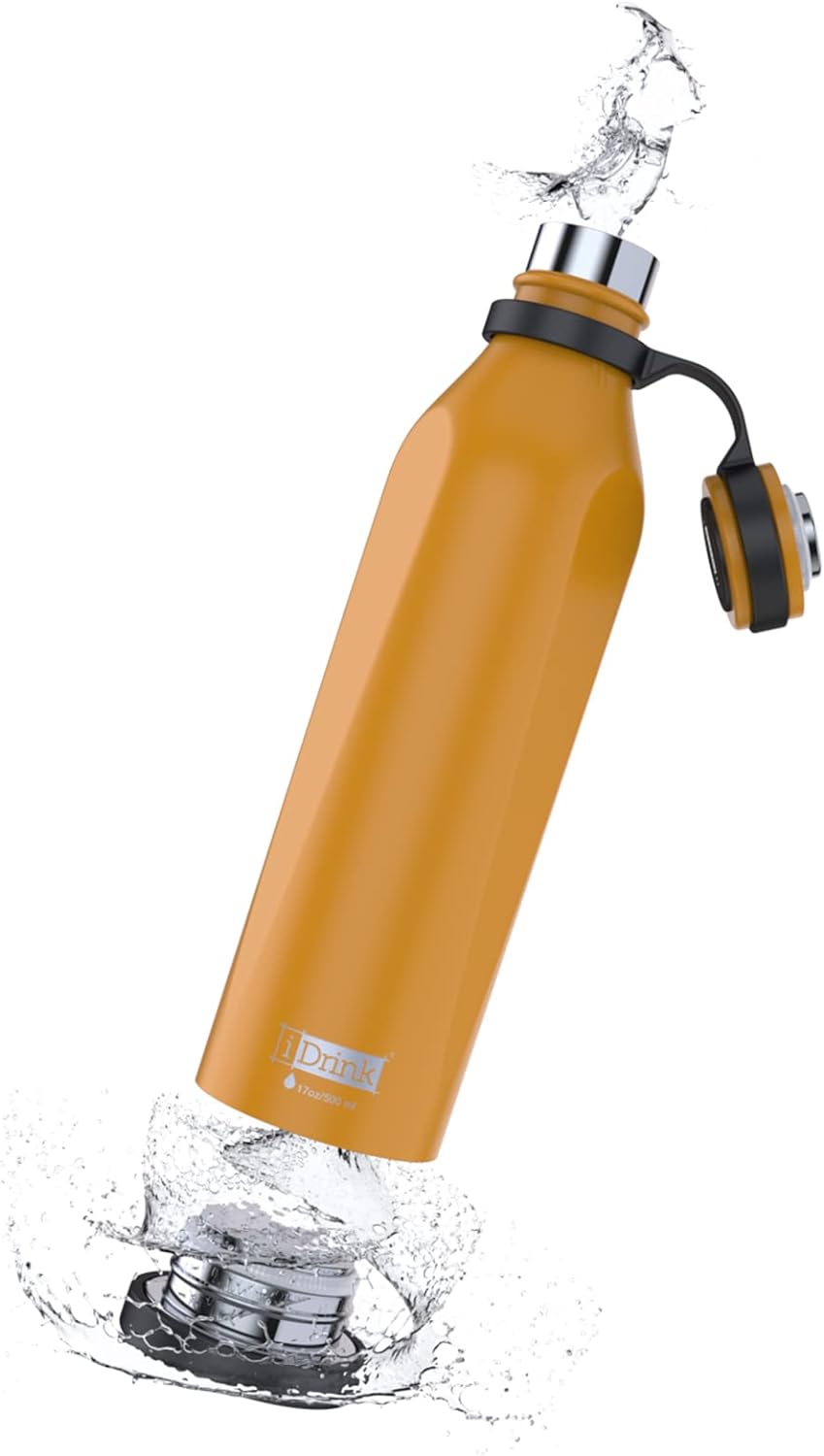 IDRINK® - b-evo Revolutionäre Isolierflasche, 3 Wände, Edelstahl-Flasche mit Doppel-Deckel, 500 ml (