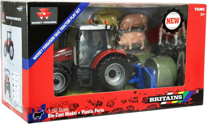 Massey Fergusson 5612 Traktor Spielset, Britains Modell Spielzeug Traktor mit Anhänger und 5 Tieren