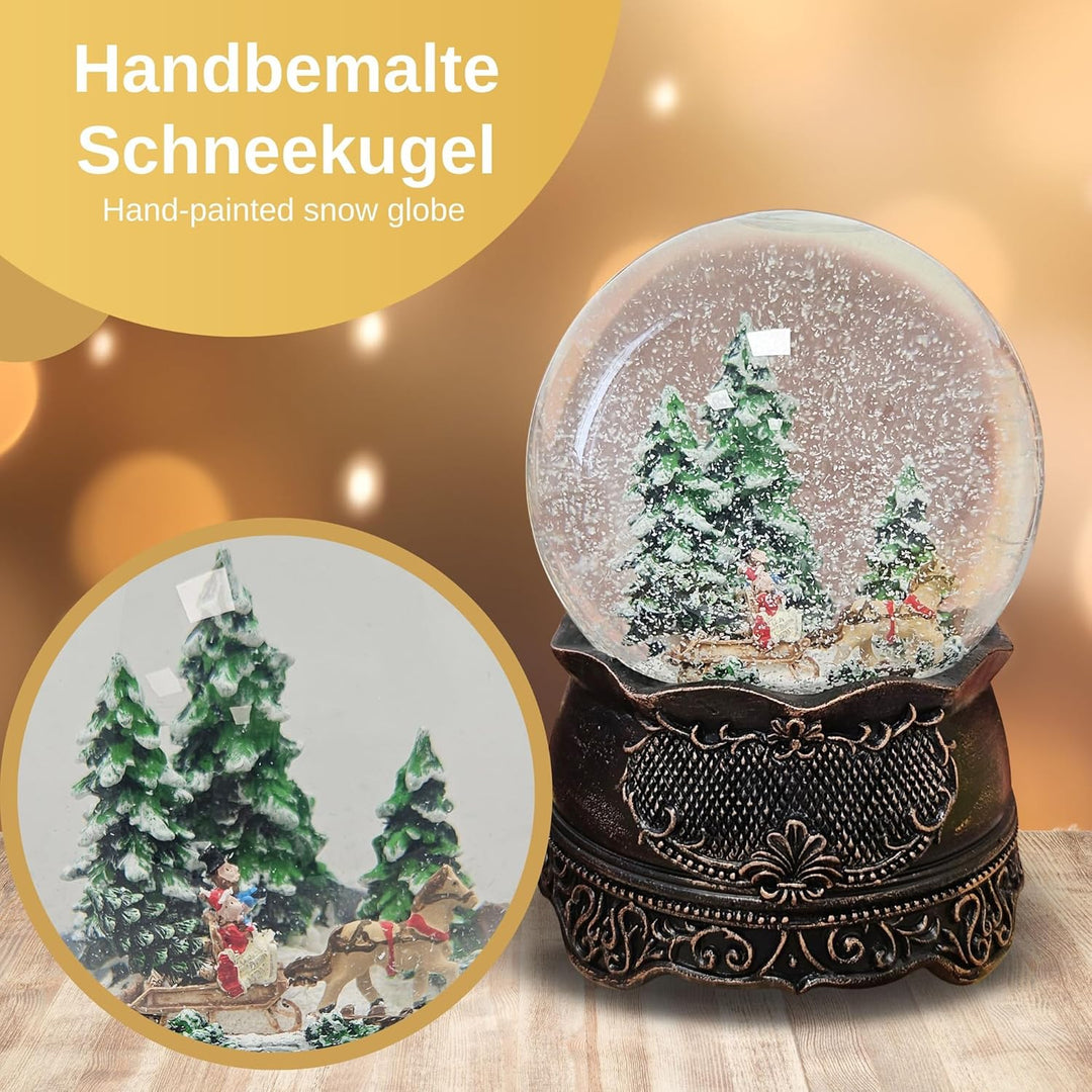 Schneekugel Weihnachten mit Musik | Weihnachtsbaum Holen | Schlittenfahrt Winterwald | Sockel Kupfer