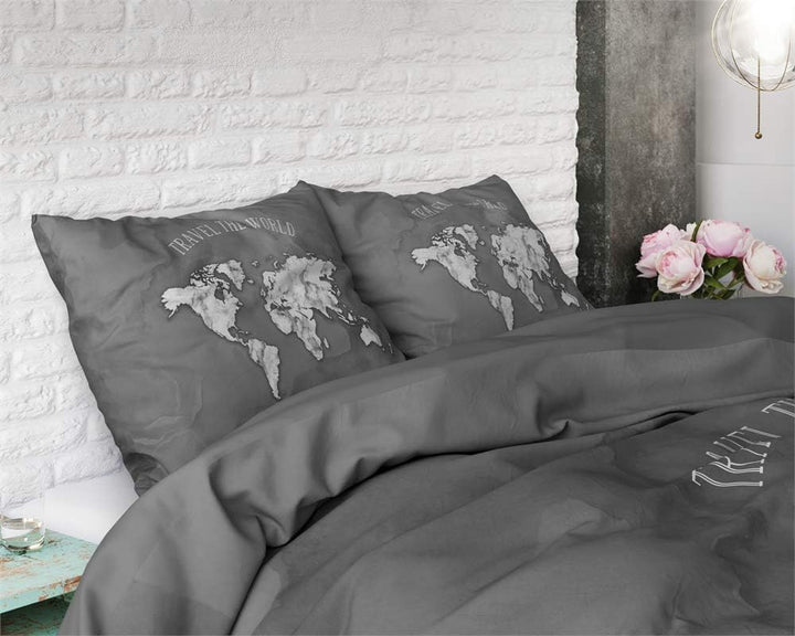 Sleep TIME Bettwäsche 100% Baumwolle, Grau, Weltkarte, 200cm x 220cm, Mit 2 Kissenbezüge 60cm x 70cm