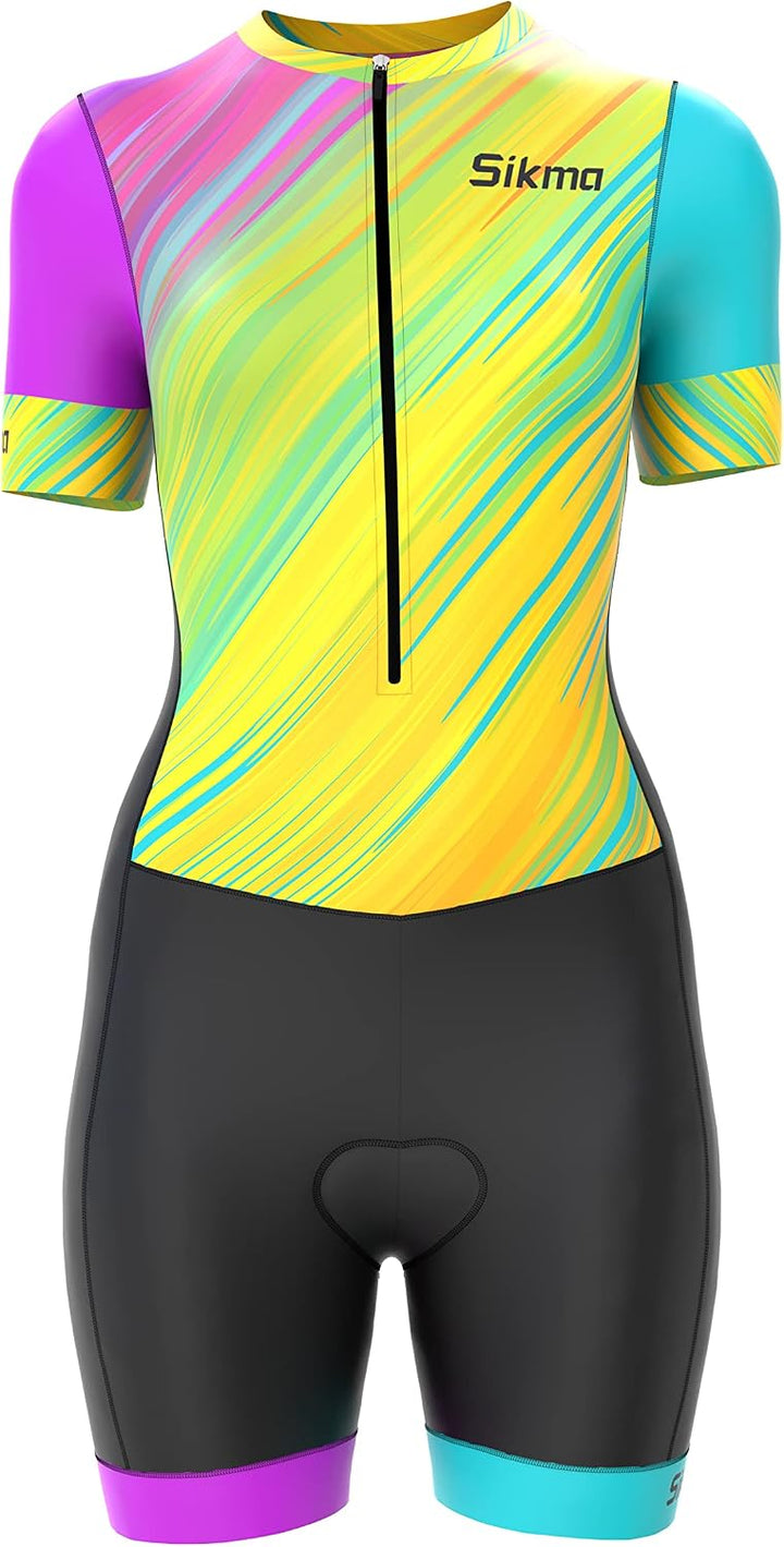 Radsport-Skinsuit für Damen, gepolstert, einteilig, Trisuit, Bike-Top, kurz, sublimiertes Design, Tr