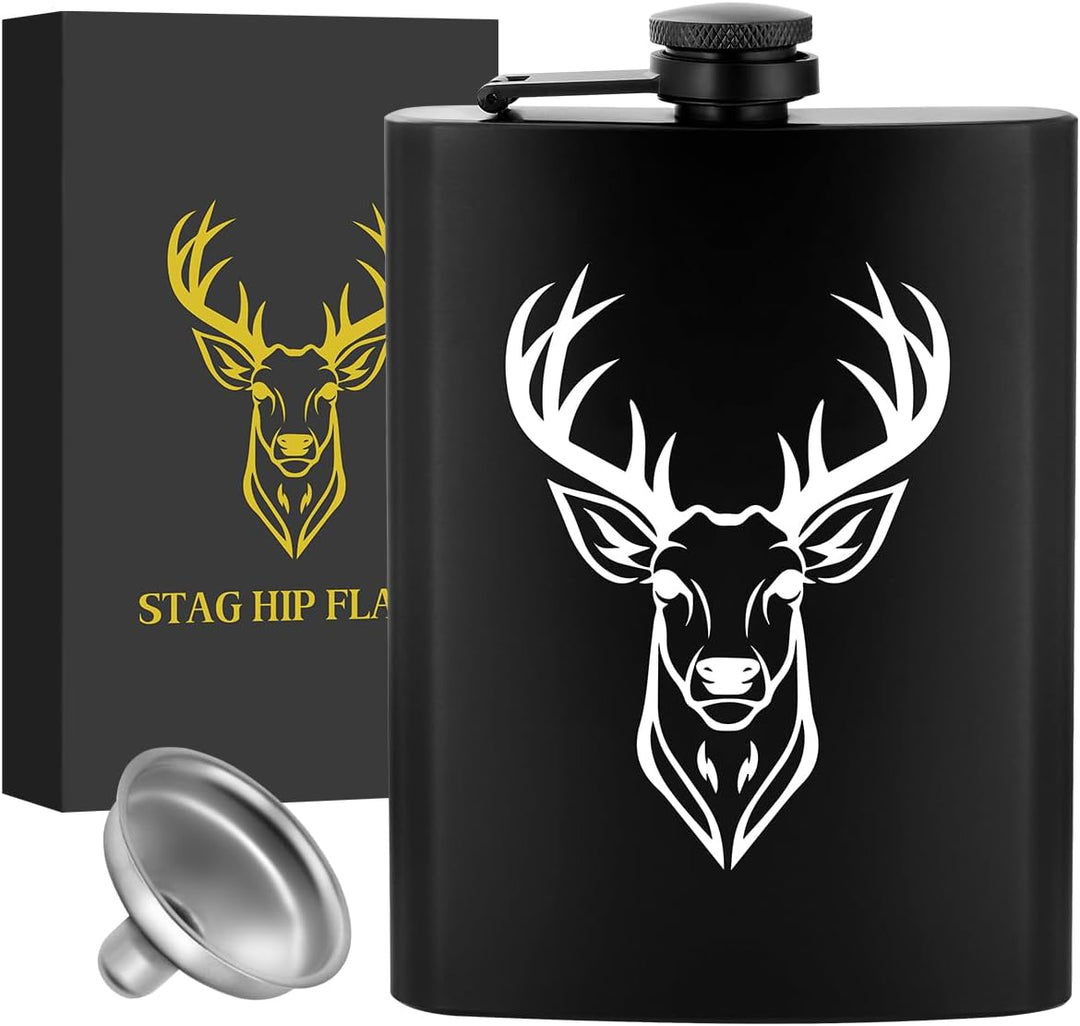 8oz/237ml Edelstahl Flachmann, Taschenflasche, mit Trichter und Grusskarte, Geschenkbox, Weisser Hir