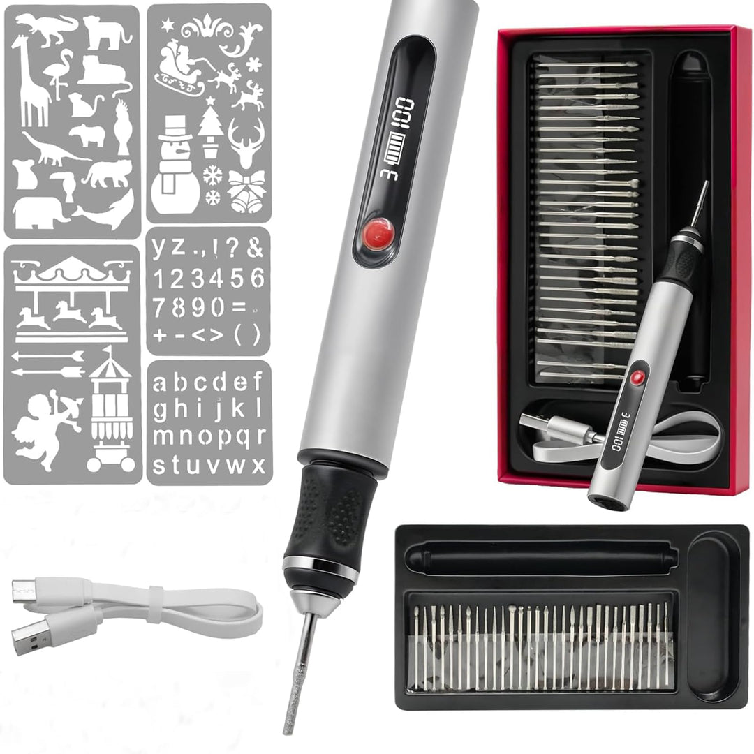 Gravierstift – Kabelloser elektrischer Gravur Stift mit 30 Bits, tragbarer Gravierstift für über 50