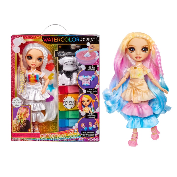 Rainbow High Watercolour & Create DIY Modepuppe, Auswaschbare Wasserfarben & Batikset - Braune Augen