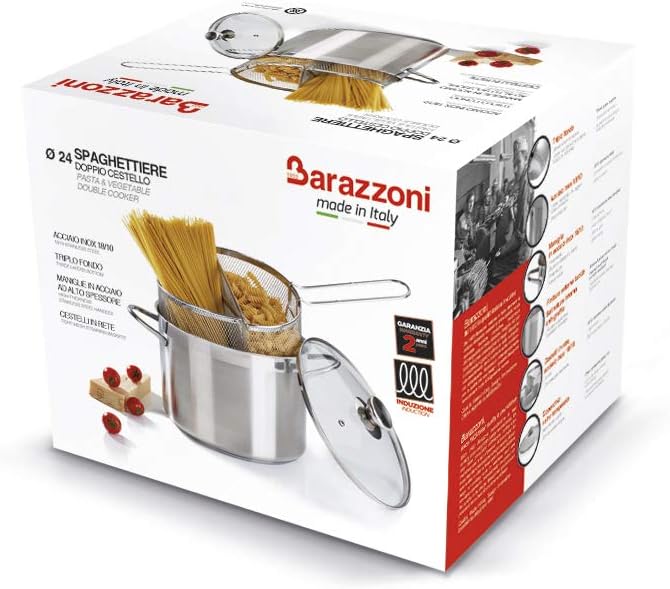 Barazzoni 421049524 Spaghetti-und Pastatopf mit Zwei Siebeinsätzen, ø 24 cm, Inhalt 7,25 l, Edelstah