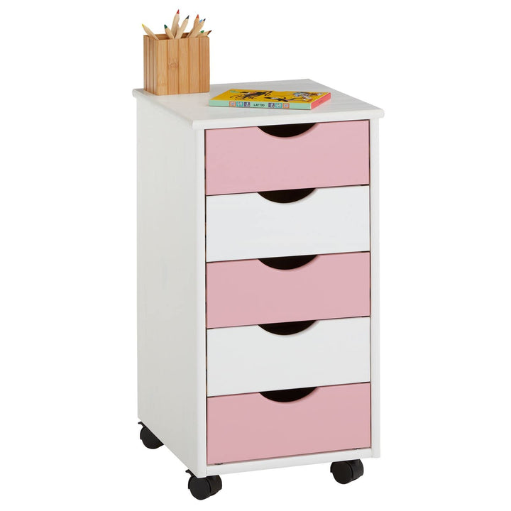 IDIMEX Rollcontainer Lagos mit 5 Schubladen, Weiss/Rosa - Bürocontainer aus Massivholz, kompakte Mas