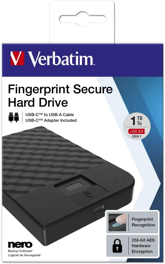 Verbatim Fingerprint Secure, 1 TB, Schwarz, Externe Festplatte mit Fingerabdruckscanner, USB 3.1 GEN