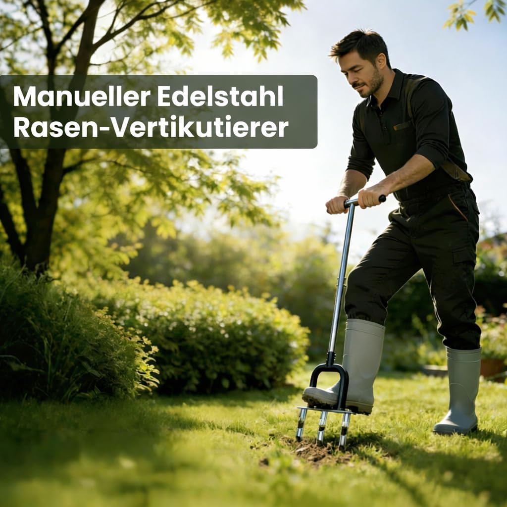 I IHAYNER Aerifizierer für Rasen, Rasenlüfter aus Edelstahl, 3 Zinken Hohlzinken, Gartengerät zum Ra