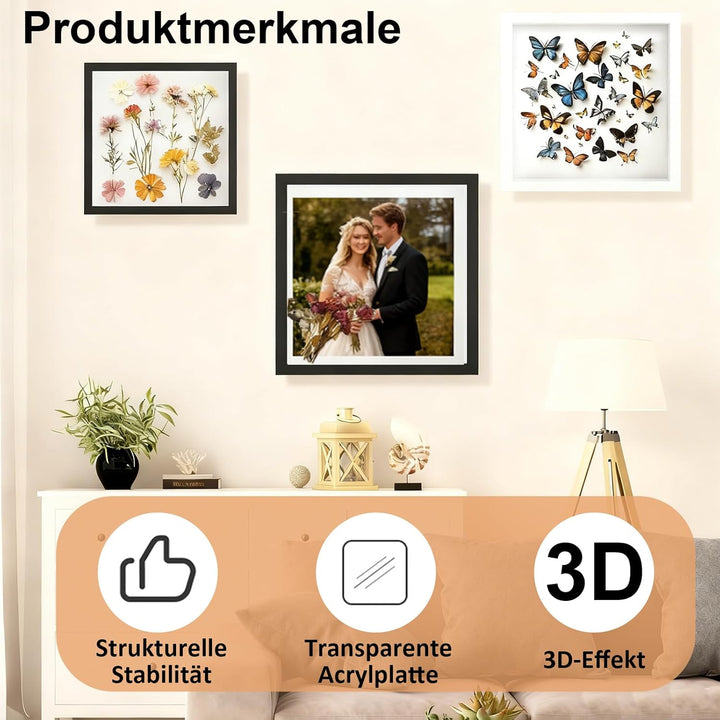 Bilderrahmen zum Befüllen, 3D Objektrahmen Tiefer 3 cm, Tiefer Bilderrahmen zum Befüllen 30 x 30 cm,