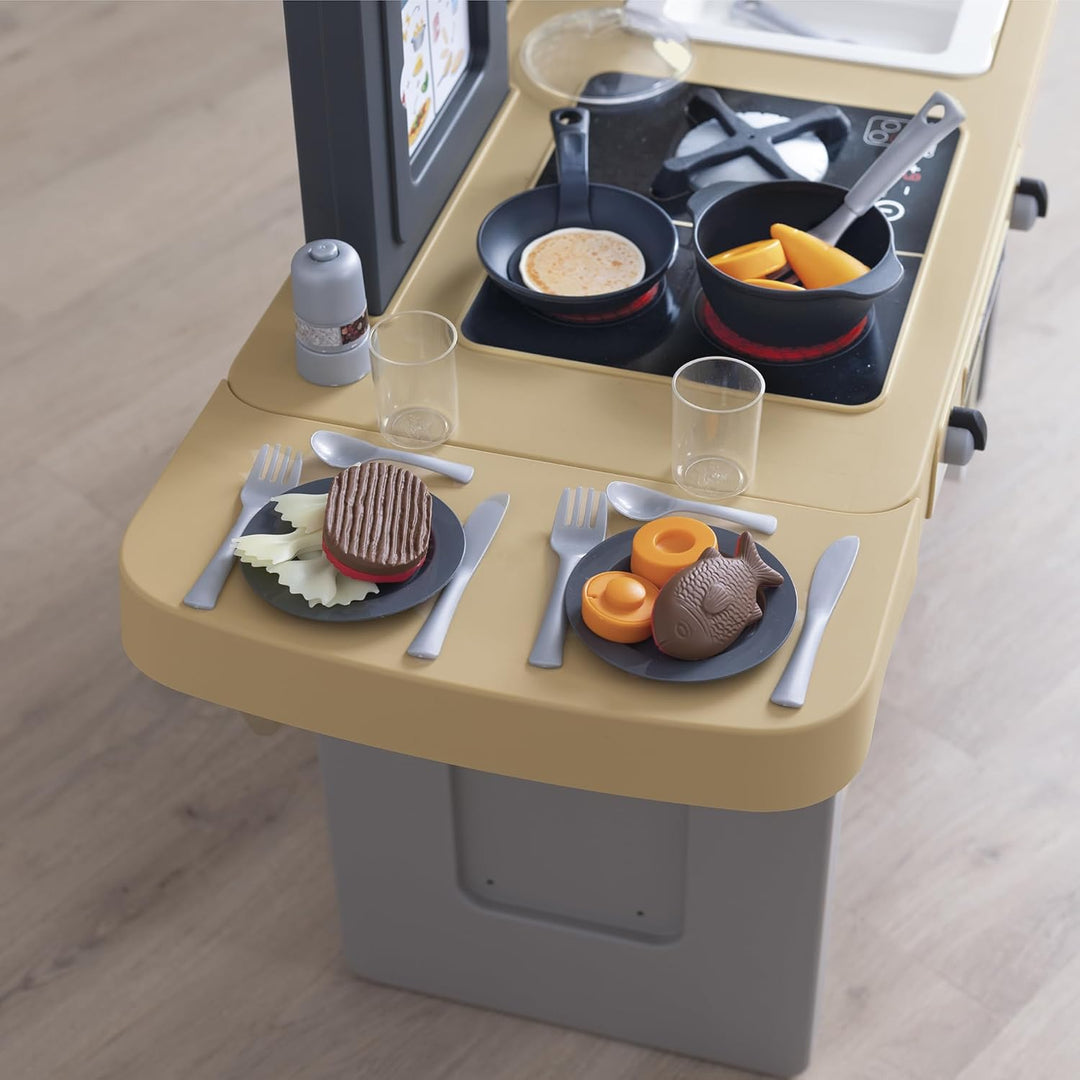 Smoby - Tefal Evo Küche – mitwachsende Kinderküche mit Spüle, Herd, Essecke, viel Zubehör, Wasserhah