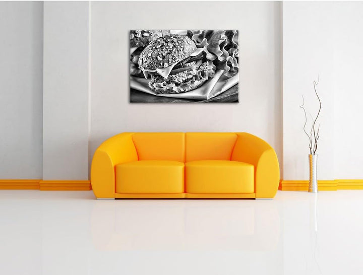 Pixxprint Monocrome, Köstlicher Hamburger als Leinwandbild/Grösse: 100x70 / Wandbild/Kunstdruck/fert