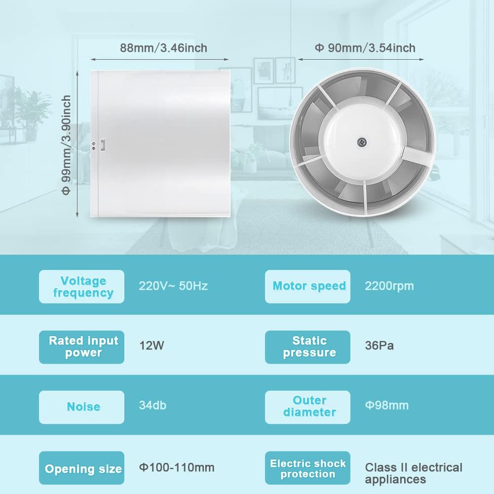 WingFly Rohrventilator 100mm Abluftventilator, mit Rückstauklappe und EU-Stecker, Rauchabzug Kanalve