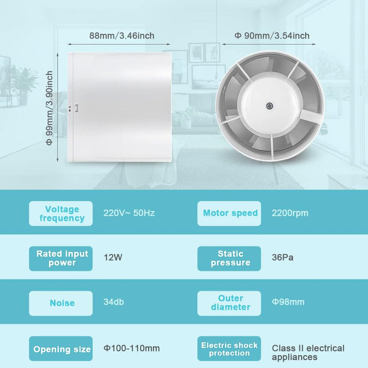 WingFly Rohrventilator 100mm Abluftventilator, mit Rückstauklappe und EU-Stecker, Rauchabzug Kanalve