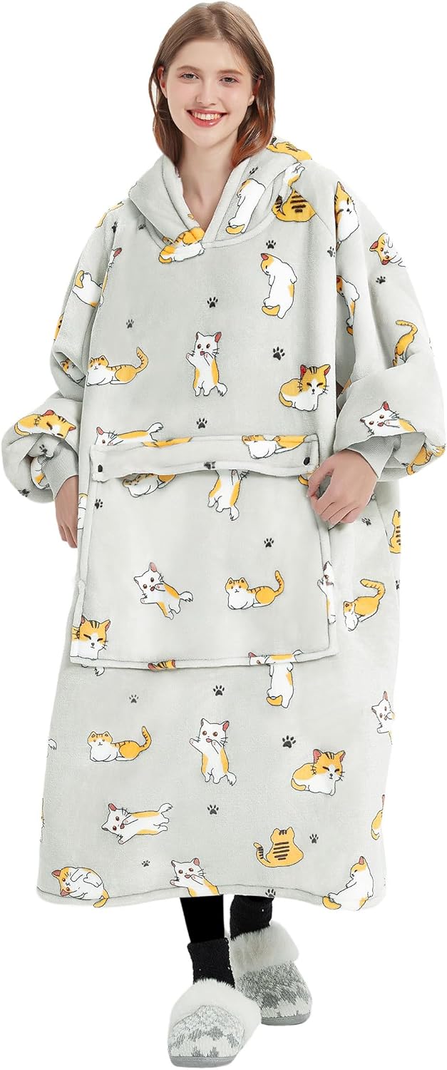 KFUBUO Tragbare Decke Hoodie für Erwachsene Sherpa Alle Muster Katze Übergrosse Sweatshirt Decke mit