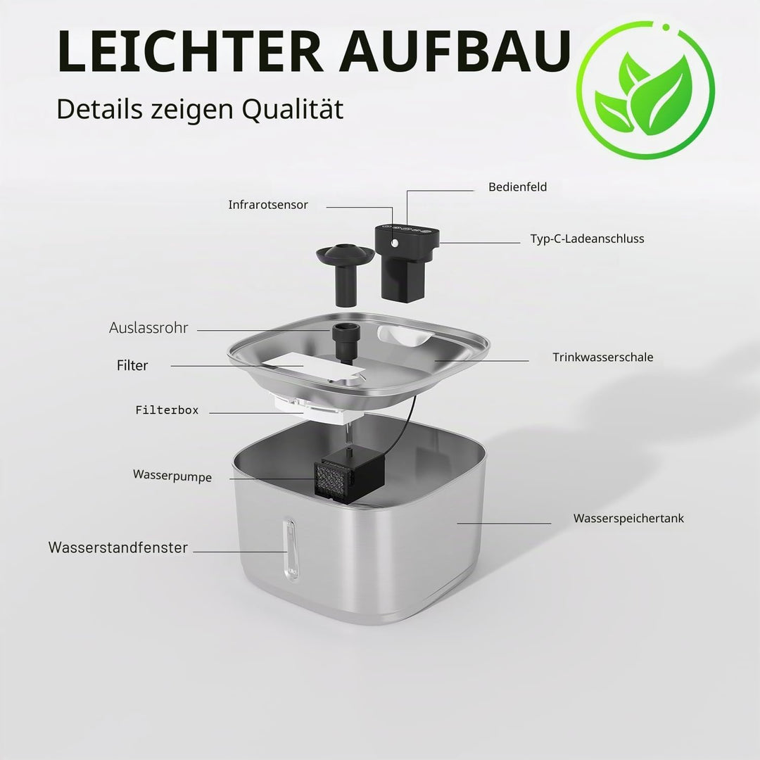 Katzenbrunnen Edelstahl Kabellos,7 Filters,mit Bewegungsmelder - 3,2L Leiser Trinkbrunnen für Katze