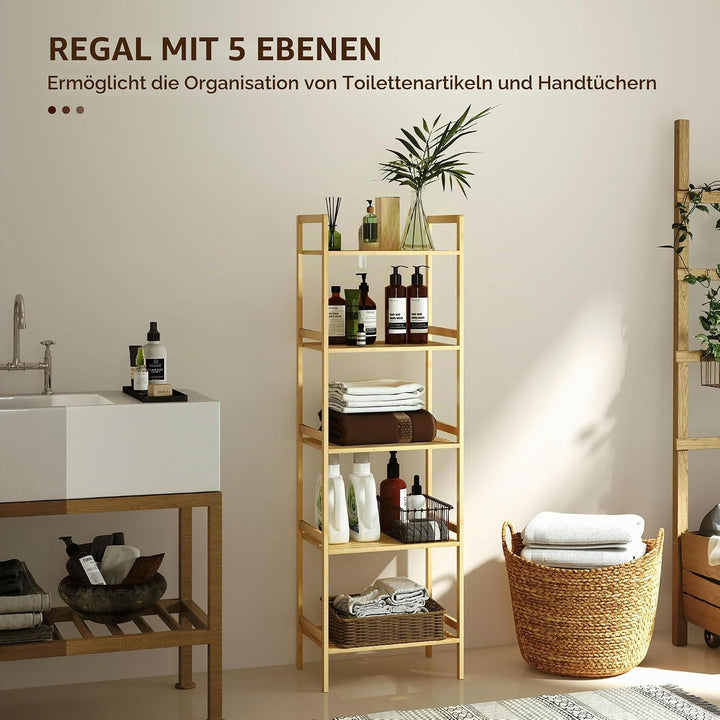 HOMCOM Badregal, Badezimmerregal mit 5 Ebenen, Aufbewahrungsregal aus Bambus, Standregal mit verstel