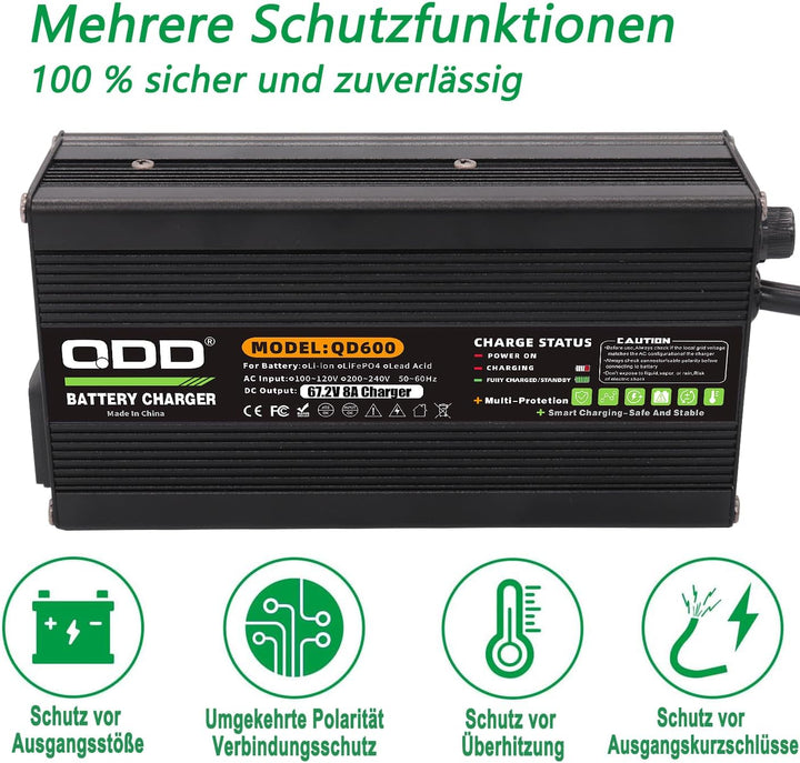 QDD 67,2 V 8 A Li-Ionen-Akku-Smart-Ladegerät, vollständig mit Lüfter, verwendet für 16S 60 V Li-Ione