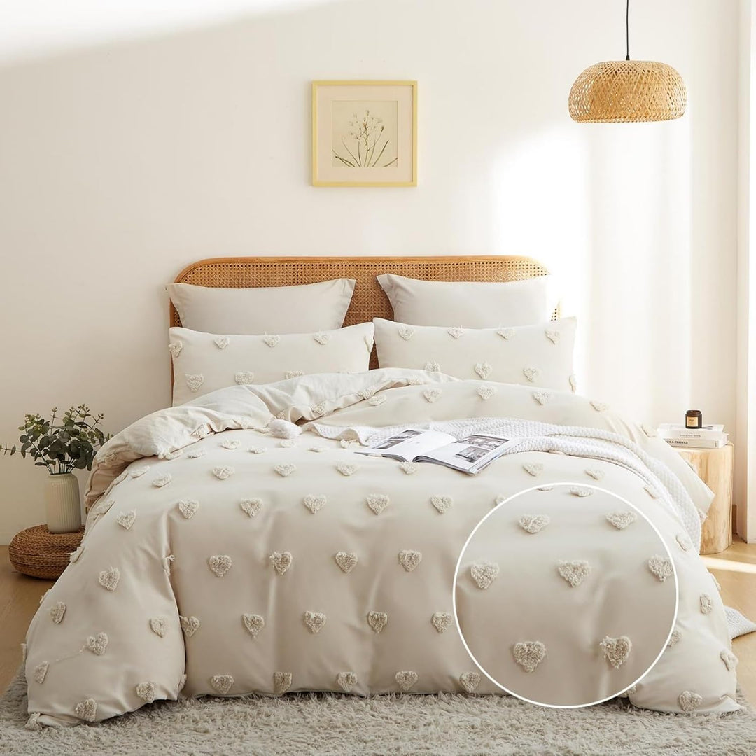 Freyamy Böhmen Bettwäsche 200x220cm 3teilig Beige Getuftet Herz Boho Bettwäsche Stickerei Shabby Chi