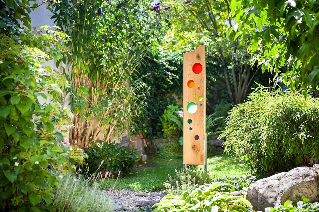 Gartenskulptur aus Holz und Glas. Gartendekoration als Unikate handgefertigt und wetterfest