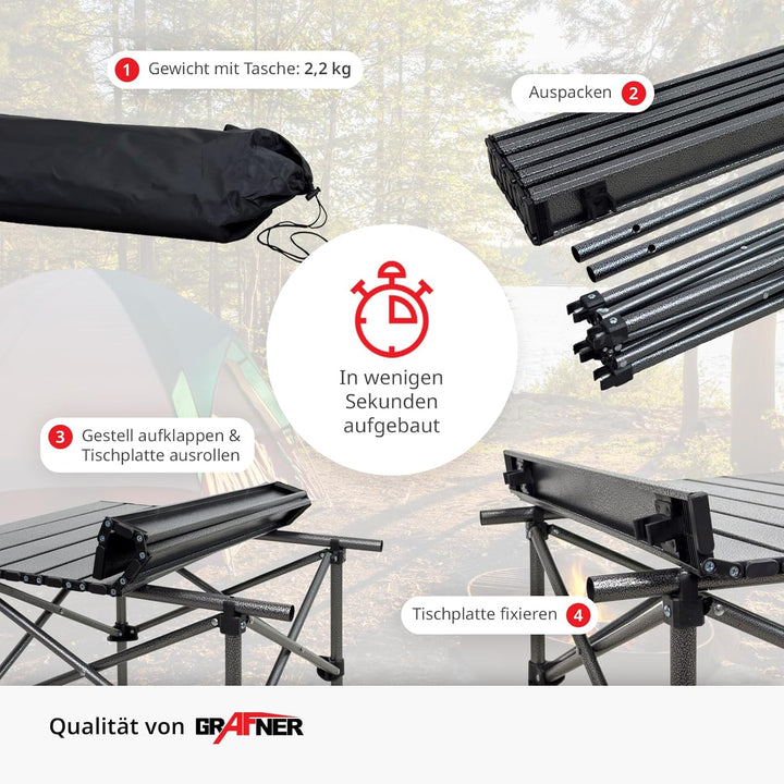 Grafner Campingtisch klappbar, Ultra leicht, 53,5 x 50 x 50 cm, kleines Packmass mit Tasche, stabil