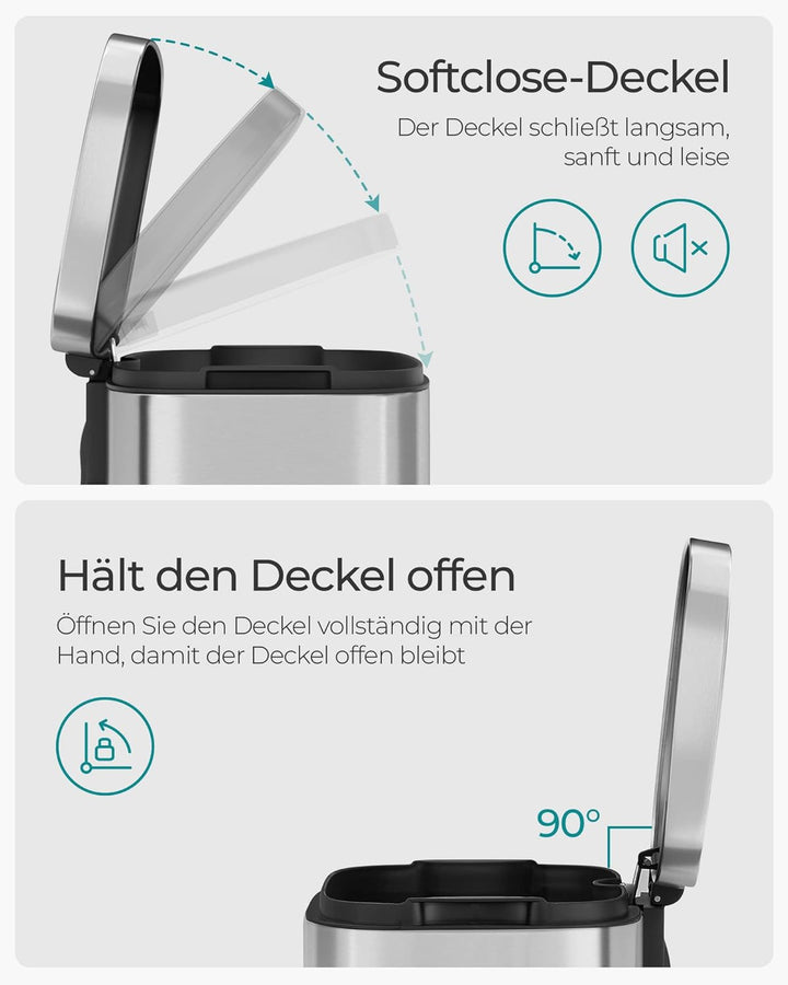 SONGMICS Mülleimer Küche, 30 Liter, Abfalleimer, Treteimer, mit Deckel, Softclose, Fusspedal, Stahl,